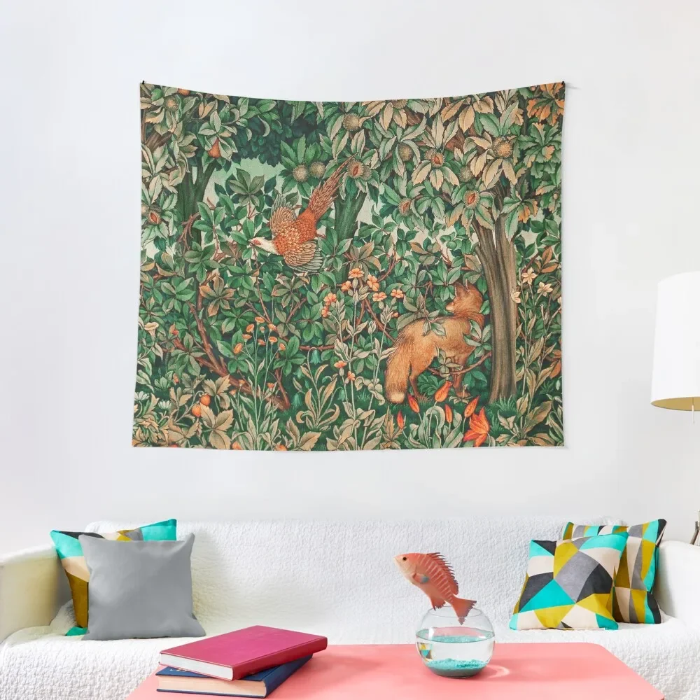 

GREENERY, FOREST ANIMALS Pheasant and Fox Red Blue Green Floral Tapestry Home Decor Aesthetic Tapestry