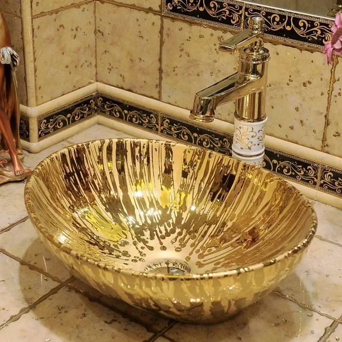 

European-Style Table Basin Oval Small Size Ceramic Artistic Wash Basin Gold Toilet Washbasin Gold-Plated Basin