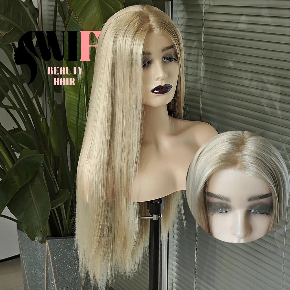 

WIF Long Hair Pale Gold Color Synthetic Wig Silk Straight Natural Hairline Lace Front Wigs Heat Fiber Daily Cosplay Blonde Hair