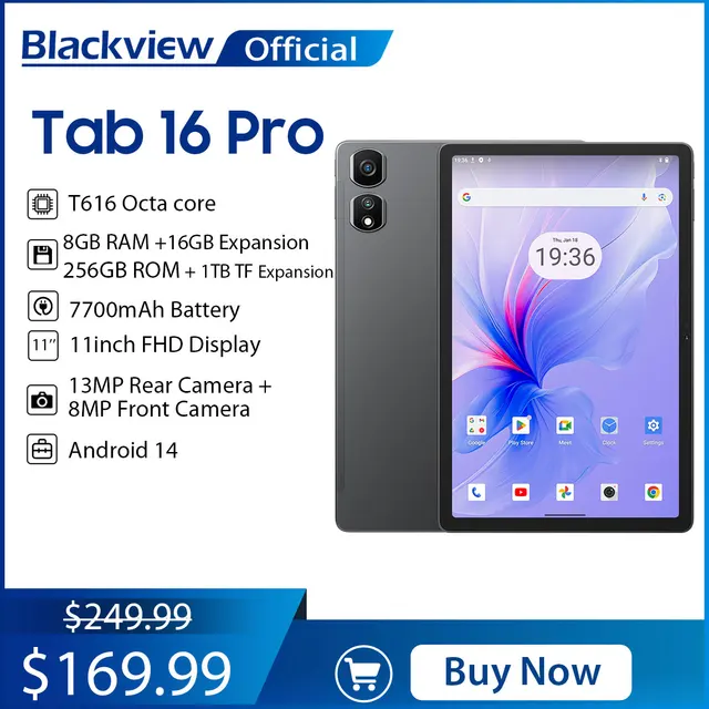 Blackview-Tablette PC Tab 16 Pro Android 14, écran FHD +, T616 Octa Core, 24 Go (8 + 16) RAM, 256 Go, Dean, 7700mAh, 4G, 11 en effet 1