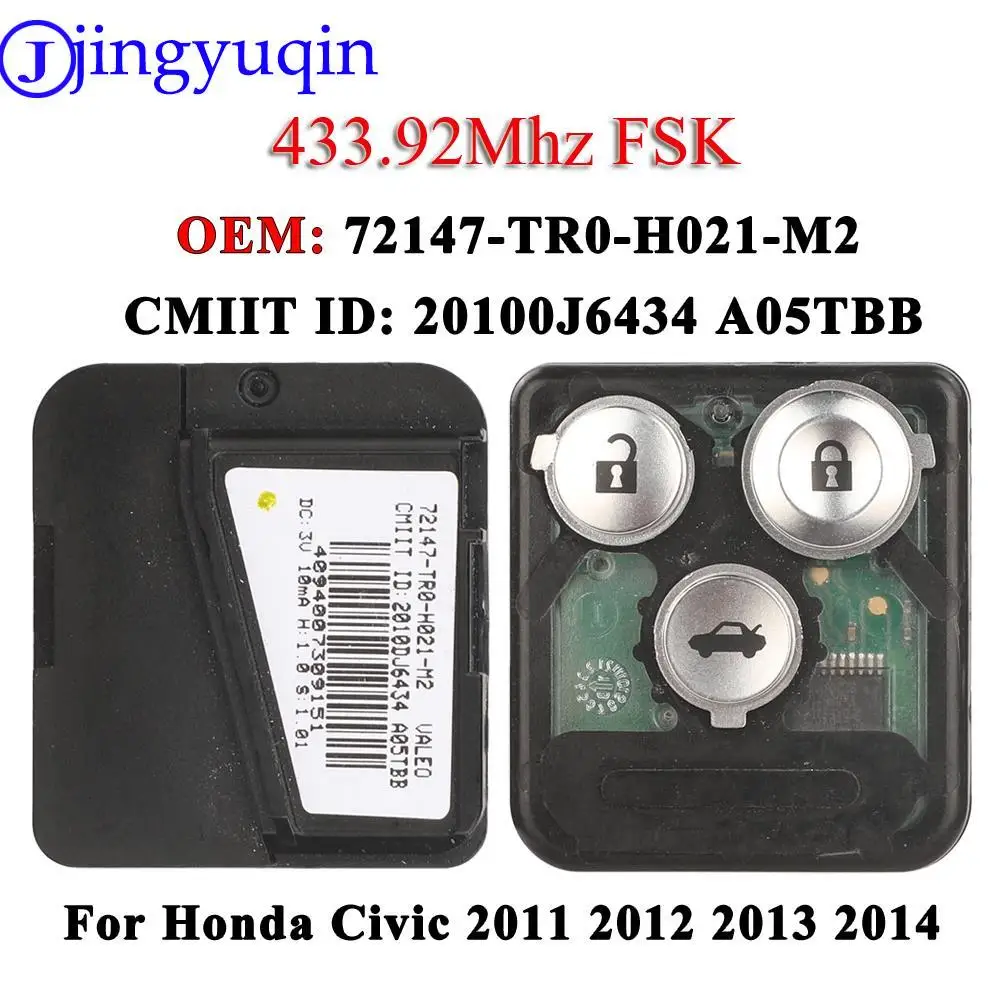 

jingyuqin OEM 72147-TR0-H021-M2 Remote Circuit Board FSK 433.92MHz Fob for Honda Civic 2011 2012 2013 2014 3BTN Car Key A05TBB