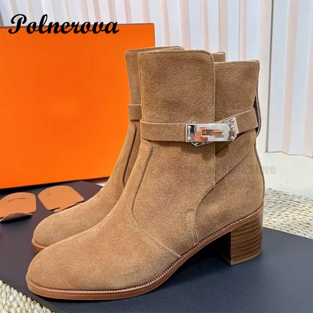 

Brown Suede Metal Buckled Leather Ankle Boots for Women Luxury Designer Round Toe Low Heel Booties New In Women Winter Shoes