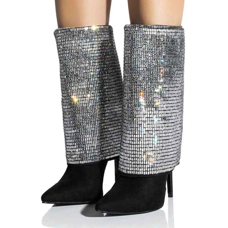 

Luxury Bling Rhinestone Mid-calf Boots Suede Fold Crystal Decor Silver Bootie Pointed Toe Stiletto Women Party High Heel Boots
