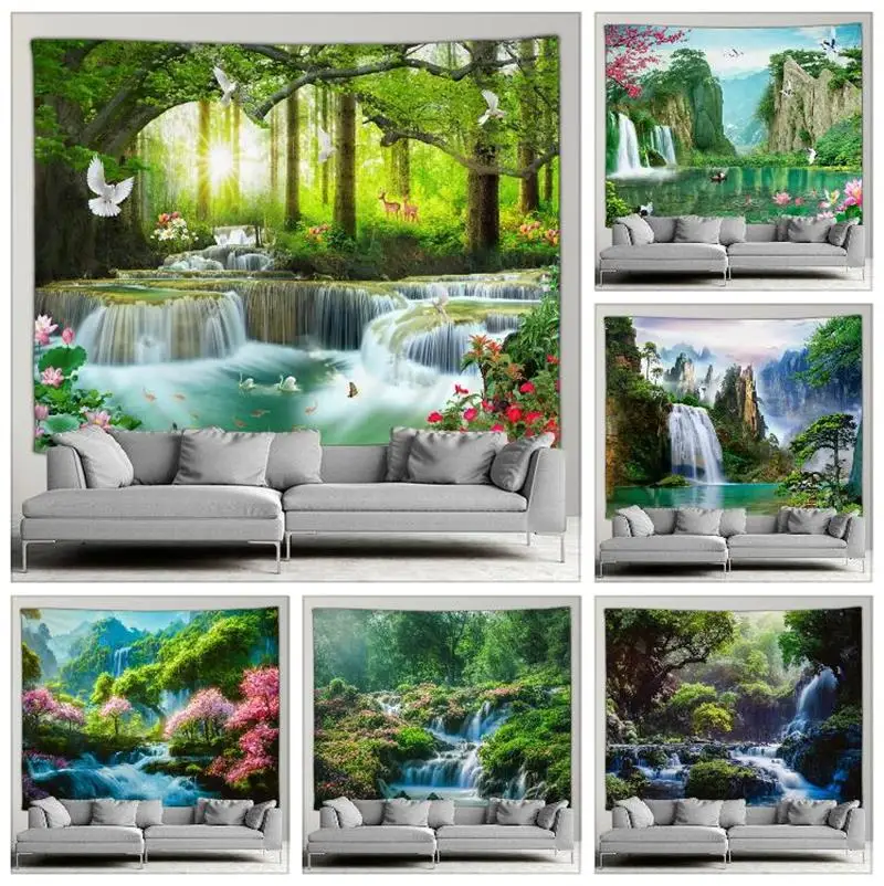 

Forest Tapestry Nature Trees Waterfall Wall Hanging Landscape Scenery Cloth Home Room Aesthetic Art Bedroom Decor Tapestry