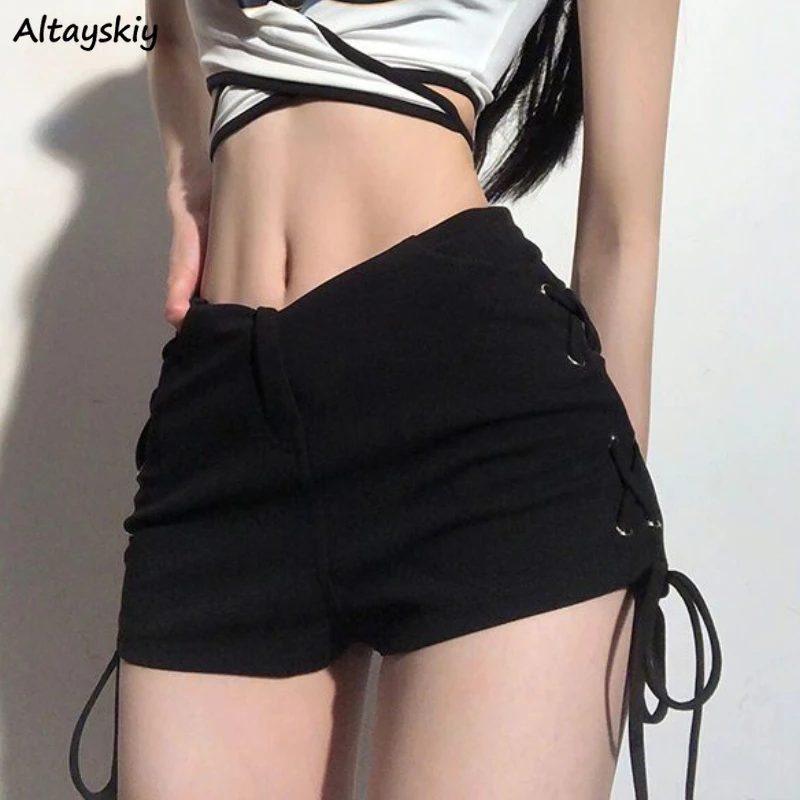 

American Black Shorts for Womem Sexy Lace-up Slim Fashion Summer Hot Girls Streetwear High Waist Casual All-match Chic College