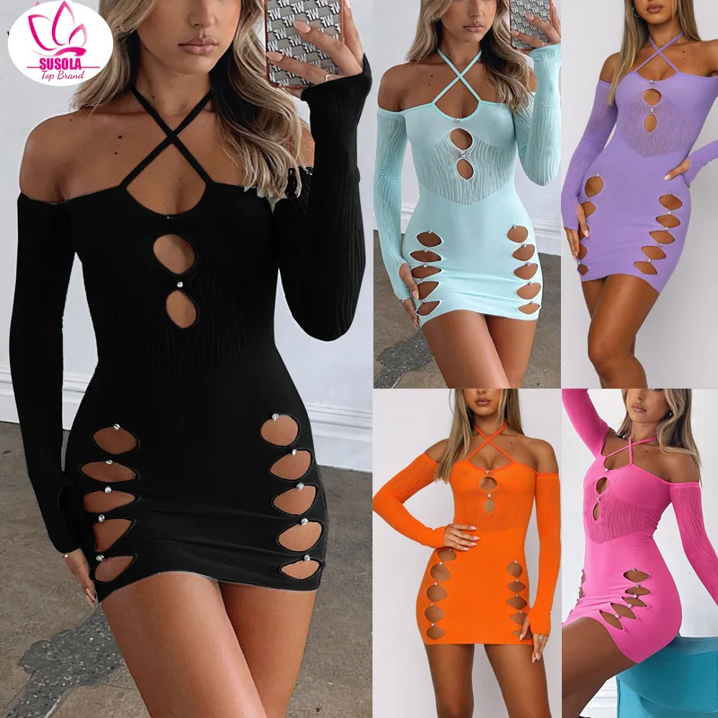 

SUSOLA Women Bodycon Dress Party Hanging Neck Spring Fall Casual Wrapped Cutout Dress Clubwear Mini Dresses New Lady