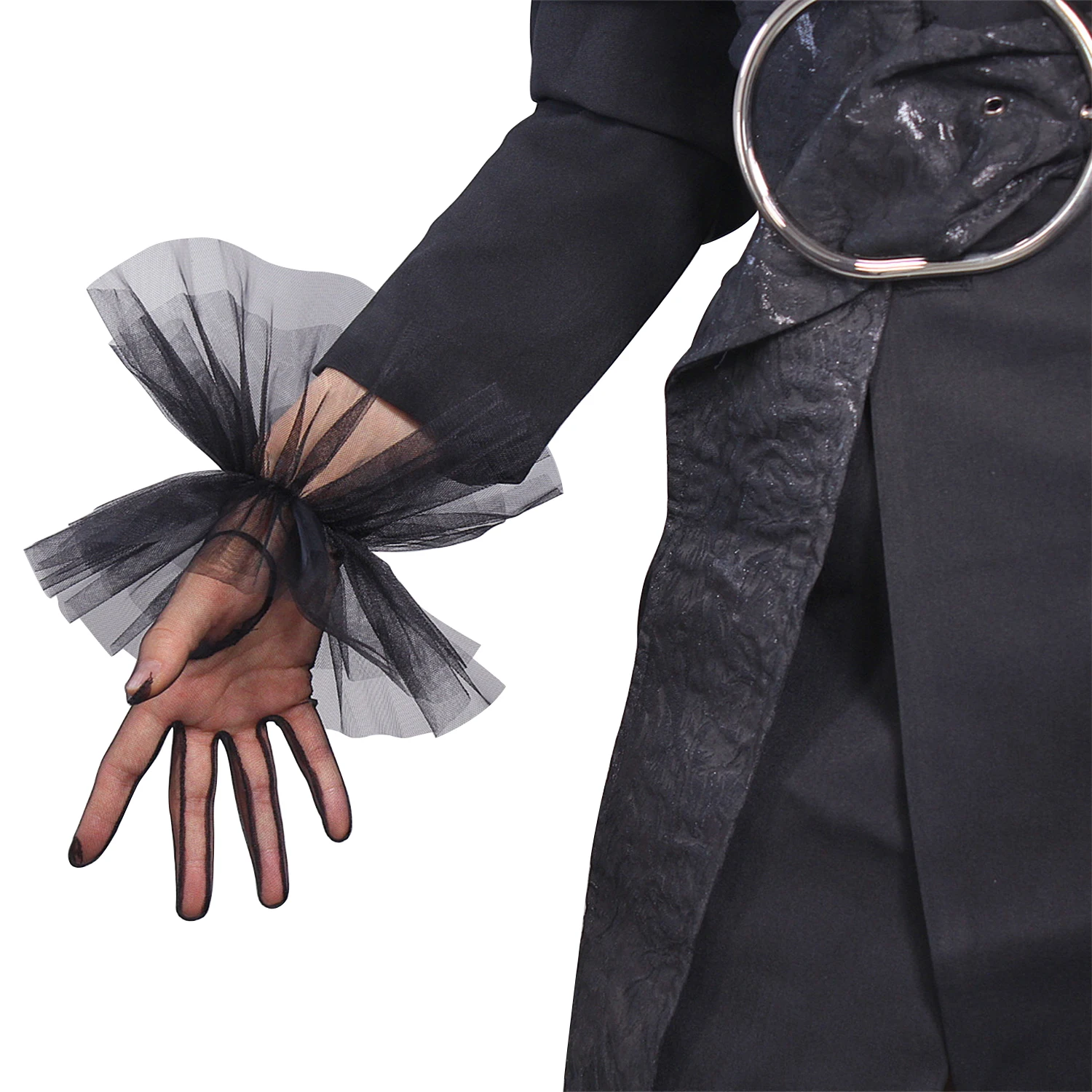 

DooWay Women's Short Tulle Gloves Black Lace Semi Sheer Mesh Puff Trim Ruffle Hem Elastic Cuffs Evening Wedding Special Occasion