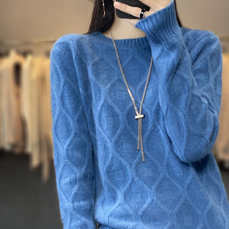 Korean fashion solid color twisted 100% pure wool autumn and winter new women's round neck knitted bottoming shirt
Korean fashion solid color twisted 100% pure wool autumn and winter new women's round neck knitted bottoming shirt