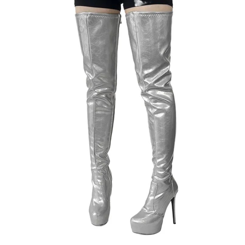 

2024 New Women Winter Thigh Boots Crack Sexy Stiletto Heels Round Toe Beautiful Gold Silver Party Shoes Ladies Plus Size 35-52