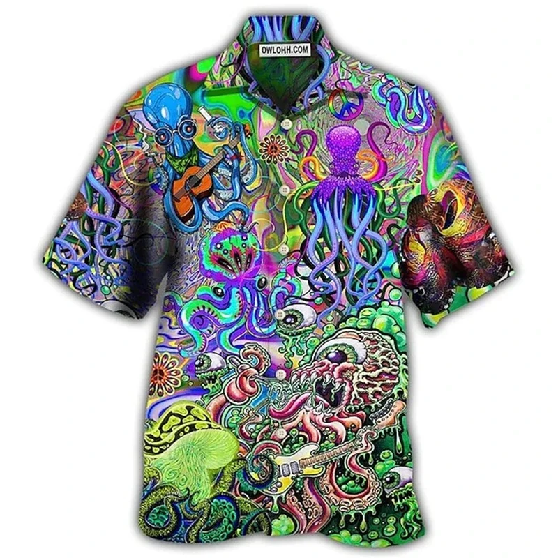 

Гавайская рубашка с принтом дракона для мужчин, свободная дышащая футболка с короткими рукавами, с кубинским воротником и 3D-принтом, лето