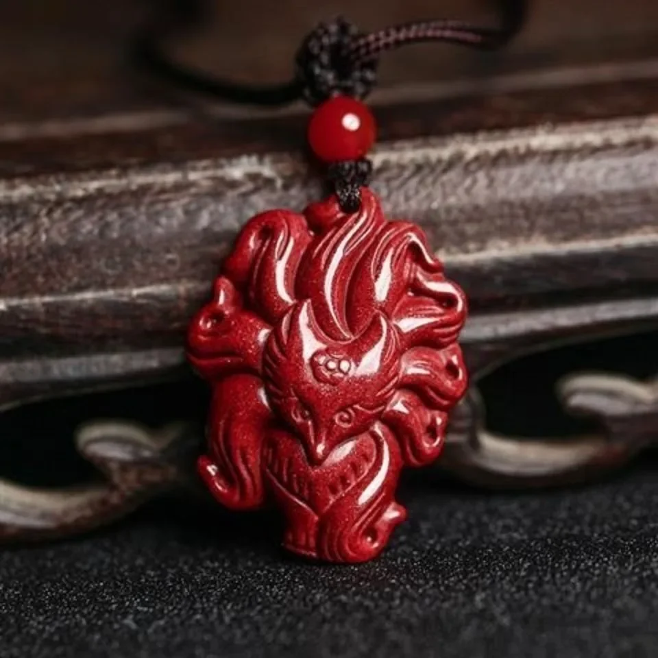 

Fashion Cinnabar Jade Nine Tailed Fox Pendant Necklace Jewellery Chinese Hand-Carved Healing Women Man Luck Gift Sweater Chain