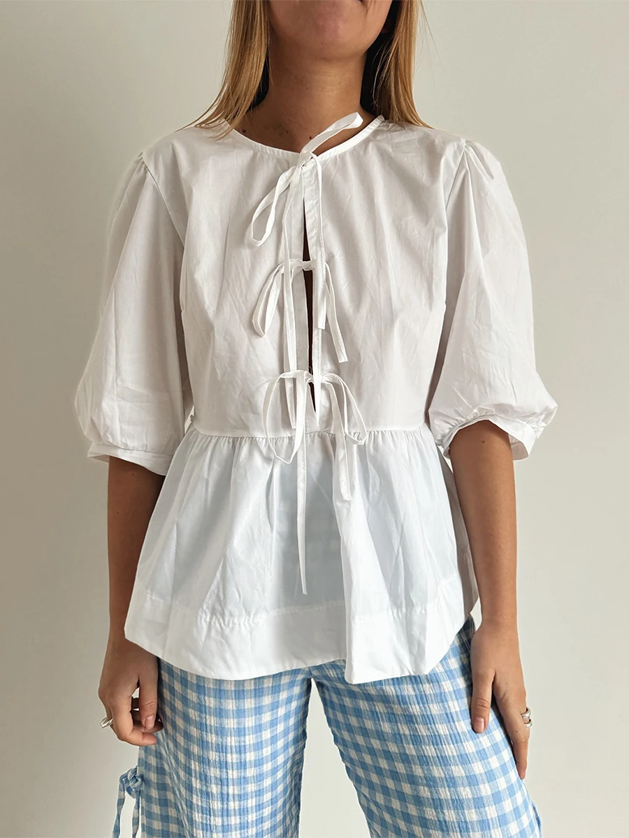 

Женская Повседневная Блузка с баской, однотонная клетчатая Базовая рубашка с рукавом до локтя и завязкой спереди, весна-лето