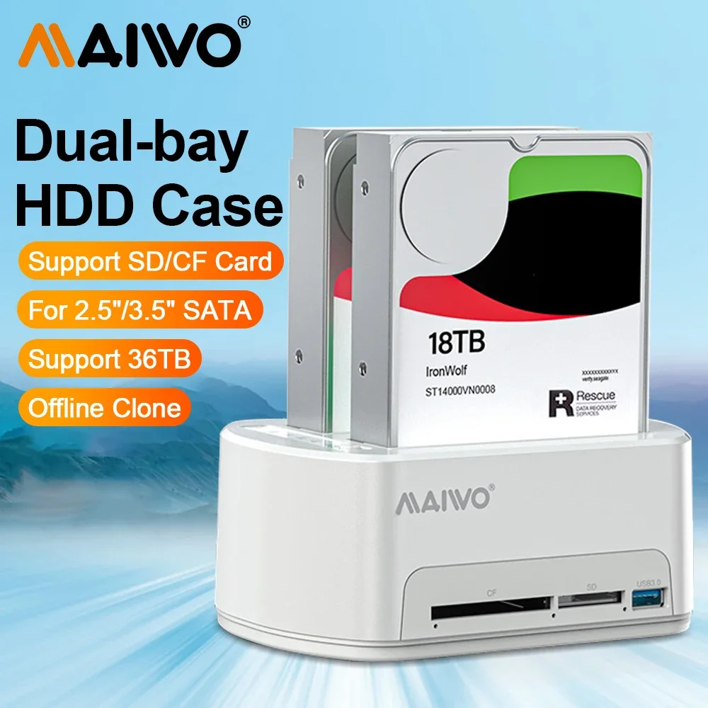 

MAIWO Dual Bay HDD SSD Docking Station SATA to USB 3.0 Adapter for 2.5 3.5 SSD Disk Case HDD Box with USB3.0 CF SD Offline Clone