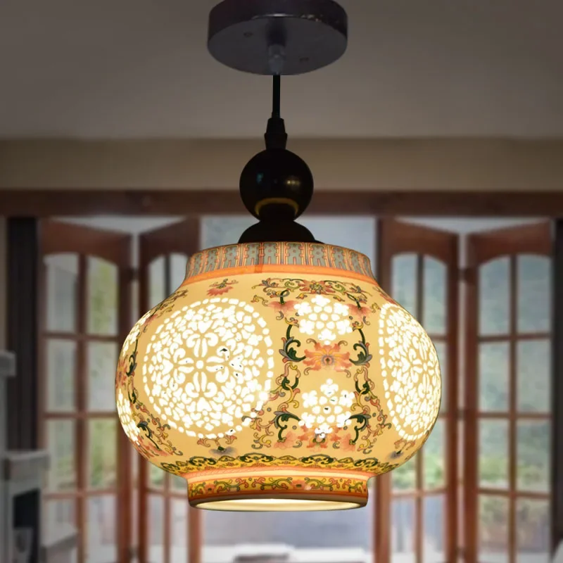

Chinese Ceramic Chandelier Colorful Rice-Pattern Decorated Porcelain Single-Head Living Room Hall Ceramic Ceiling Lamp