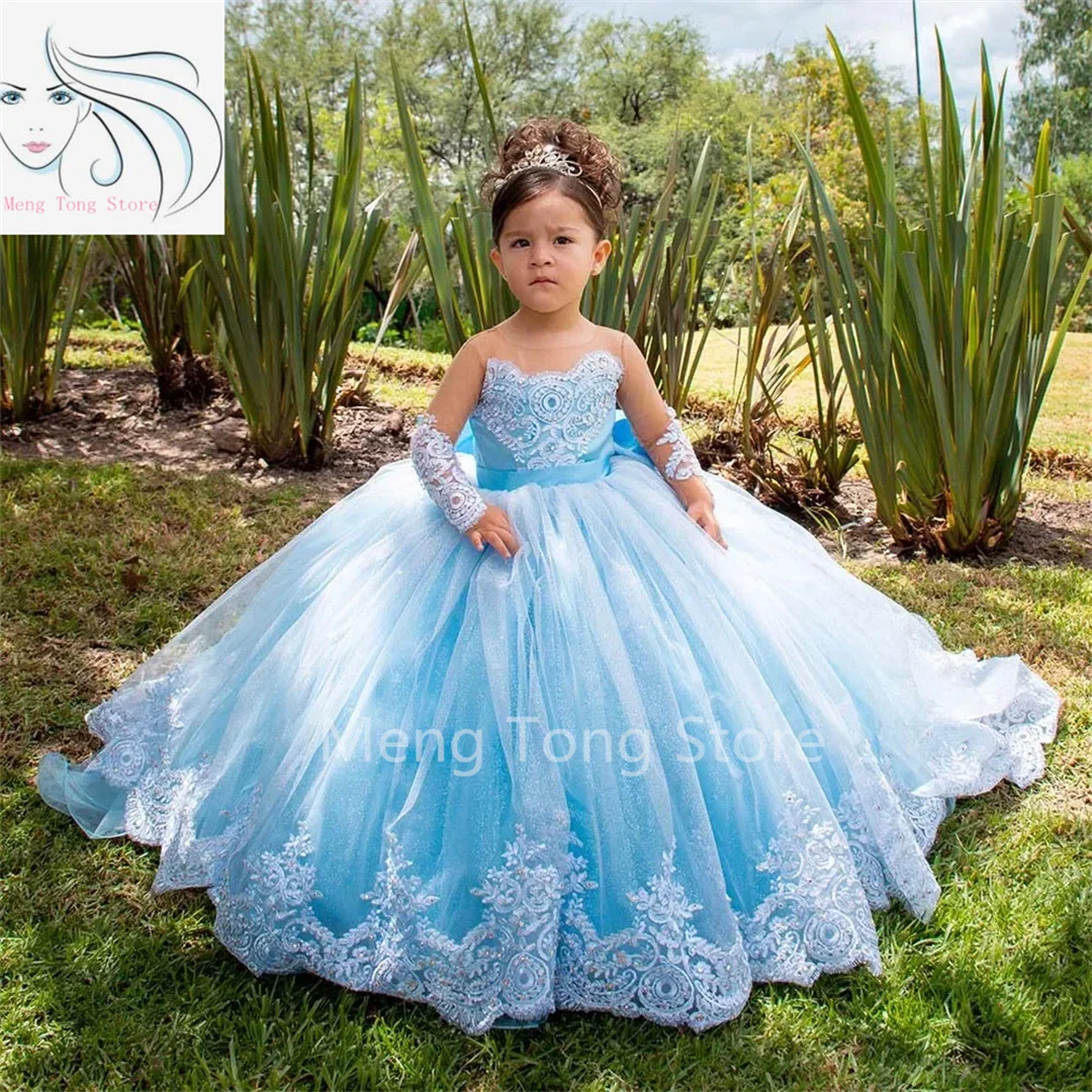 

Lace Appliques Flower Girl Dresses For Wedding Full Sleeves Princess First Communion Dress Toddlers Long Birthday Party Gowns