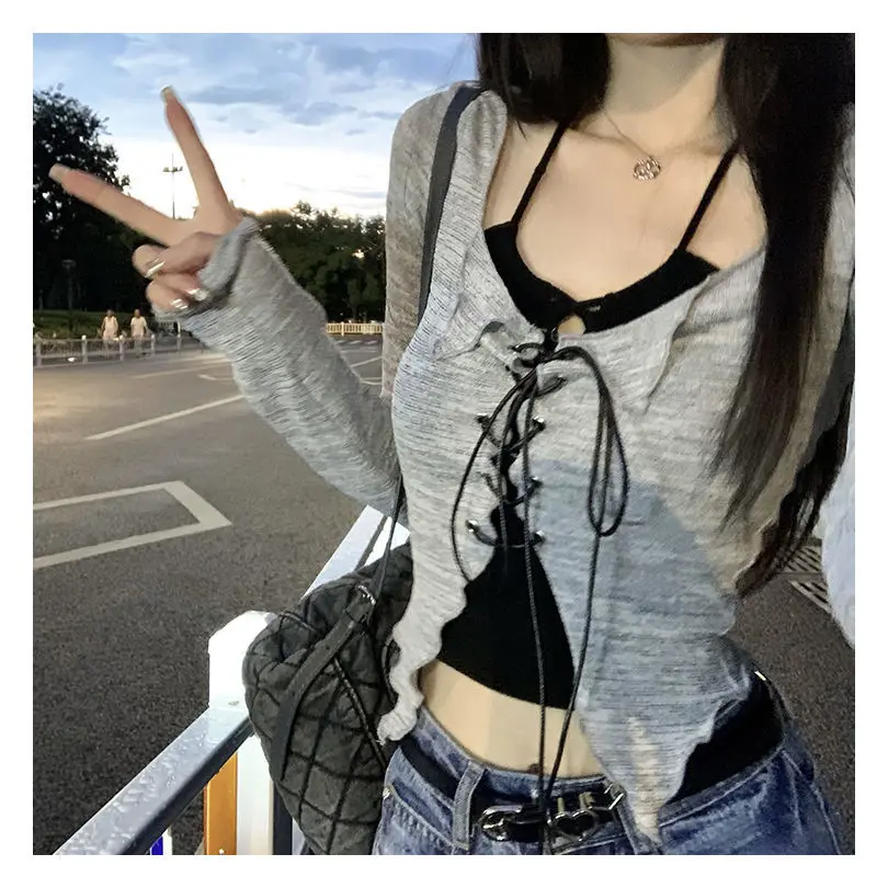 Two Pieces Sets T-shirt Women Spring Summer Long Sleeve Lace-up Crop Top Korean Fashion Preppy Style Slim Tops Tees Y2k Clothes Two Pieces Sets T-shirt Women Spring Summer Long Sleeve Lace-up Crop Top Korean Fashion Preppy Style Slim Tops Tees Y2k Clothes