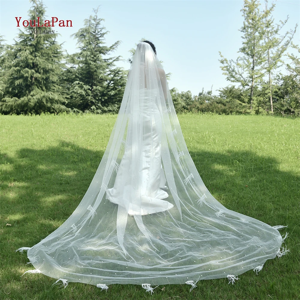 

YouLaPan Bridal Veils with Feather Edge Luxury Cathedral Wedding Veil Pearl Beaded Veils for Bride 1 Tier 3m Long Soft Tulle V23