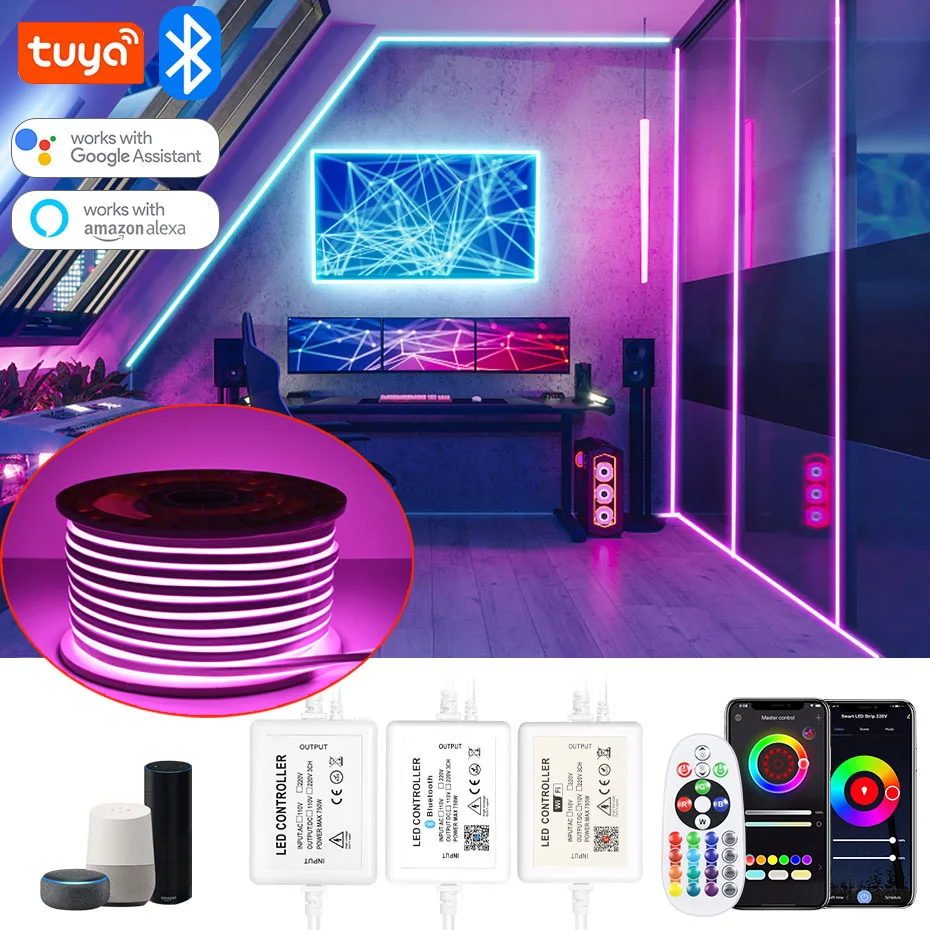 

Tuya WiFi Smart RGB Neon Light Led 15M 20M 50M 100M EU UK AU Power Supply Waterproof 220V Led Strip Garden Outdoor Lighting