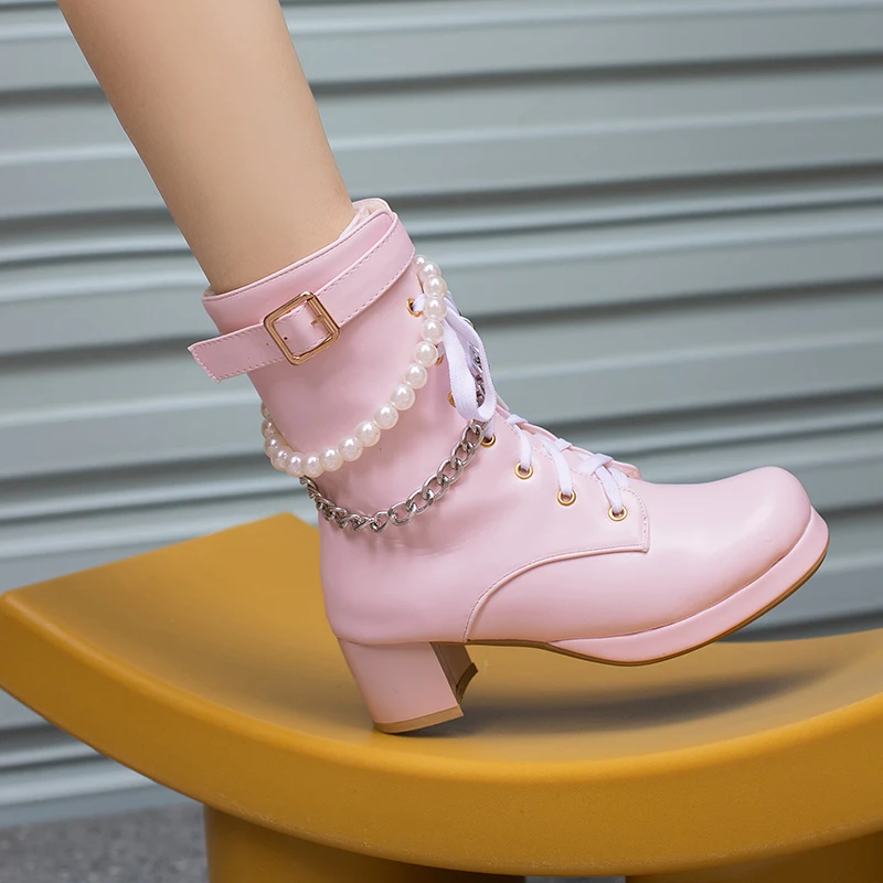 Belt Buckle Beaded Metal Chain Cute Sweet Student Shoes Lolita Style Chunky Heel Cross Lace Side Zipper Women's Ankle Boots
Belt Buckle Beaded Metal Chain Cute Sweet Student Shoes Lolita Style Chunky Heel Cross Lace Side Zipper Women's Ankle Boots