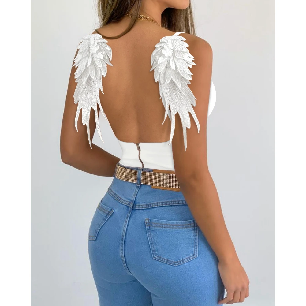 

Women Summer Angel Wings Decor Backless Cami Top Fashion Femme Casual Spaghetti Strap V-Neck Tops Streetwear Slim Robe Clothing