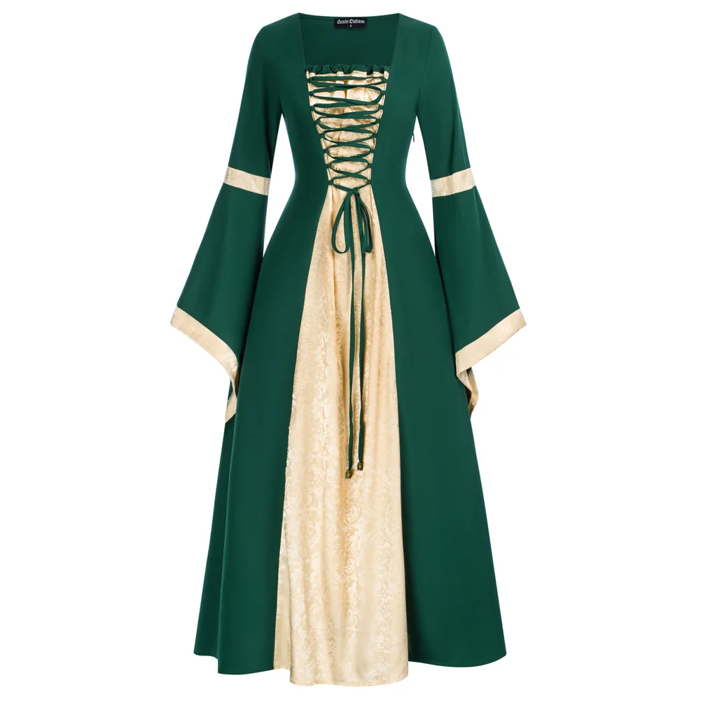 

SD Women Renaissance Contrast Color Dress Long Sleeve Square Neck A-Line Dress Faire Costume Medieval Irish Dress For Cosplay A3