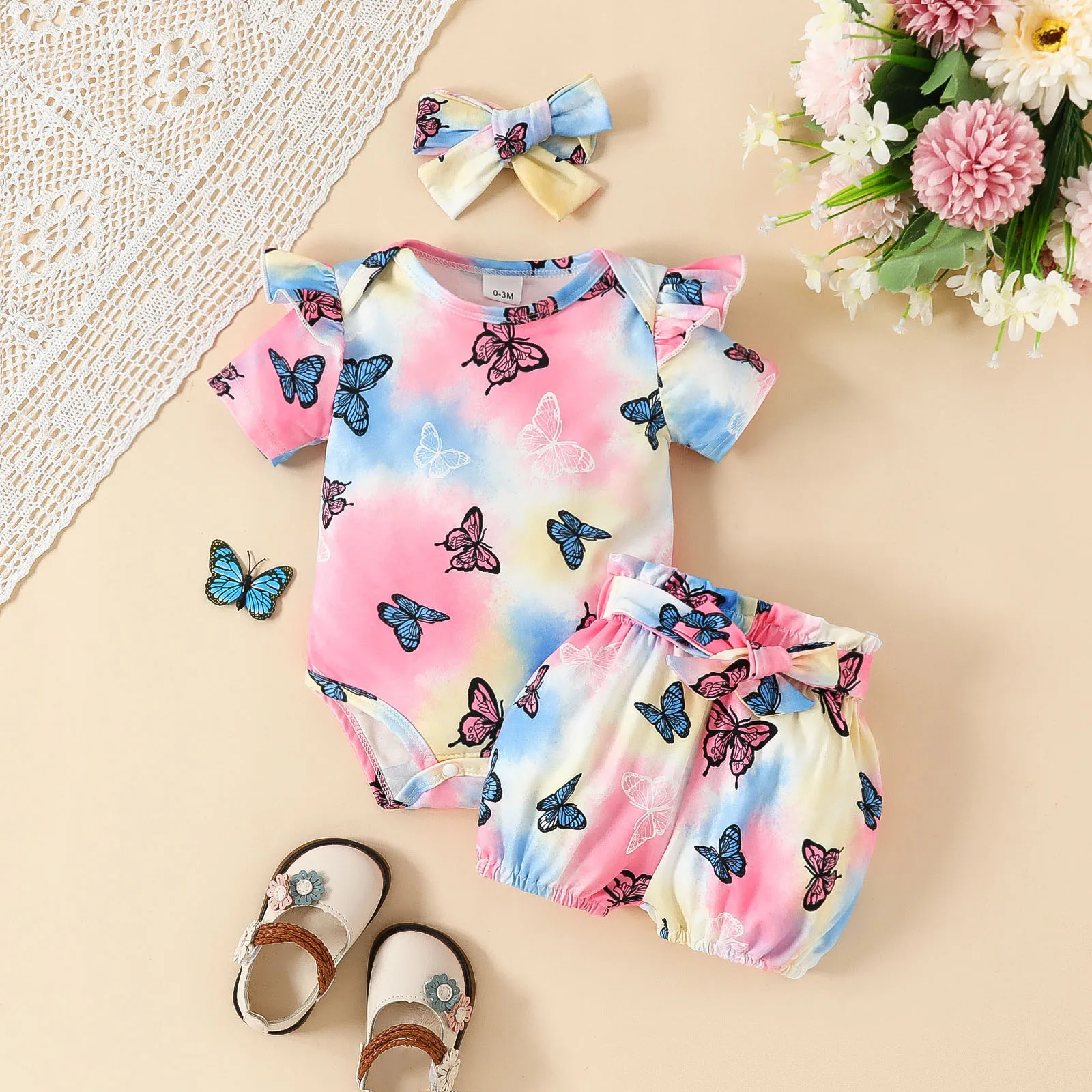 Infant Girls Baby Clothing Tie Dye Short Sleeve Butterfly Print Romper Bodysuit Shorts Hairband Girls 3Piece Outfits 6 12 18 24M
Infant Girls Baby Clothing Tie Dye Short Sleeve Butterfly Print Romper Bodysuit Shorts Hairband Girls 3Piece Outfits 6 12 18 24M