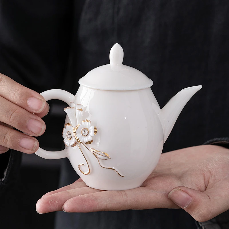 

175ml Dehua Sheep Fat Jade White Porcelain Teapot Zen Kneading Golden Flower Pot Tea Making Kettle with Infuser Teaware Supplies