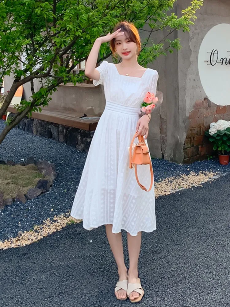 French White Women Summer Vintage New Elegant Dresses Square Collar Slim Fairy Long Dress Office Lady Robe 2024 Female Clothing
French White Women Summer Vintage New Elegant Dresses Square Collar Slim Fairy Long Dress Office Lady Robe 2024 Female Clothing