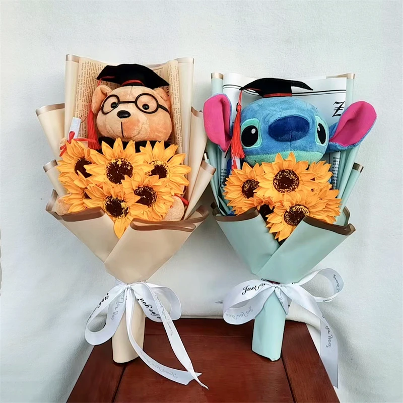 

Doctor Teddy Bear Stitch Plush Bouquet Toys with Sunflower Cute Teddy Bear Doll Student Graduation Souvenir Birthday Gifts