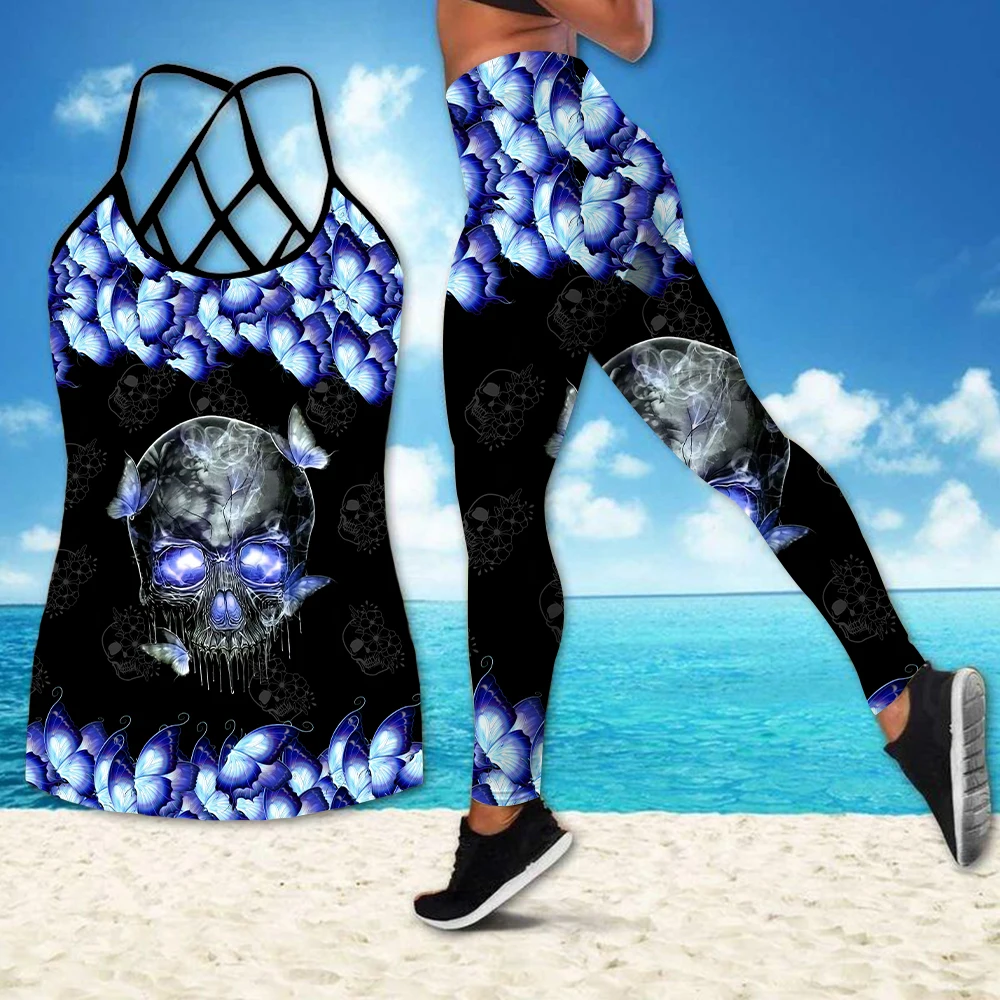 

Women's Fashion 3D Skull Butterfly Gothic Criss-cross Yoga Leggings Combo Hollow Out Tank Top Summer Sleeveless Graphic Shirt