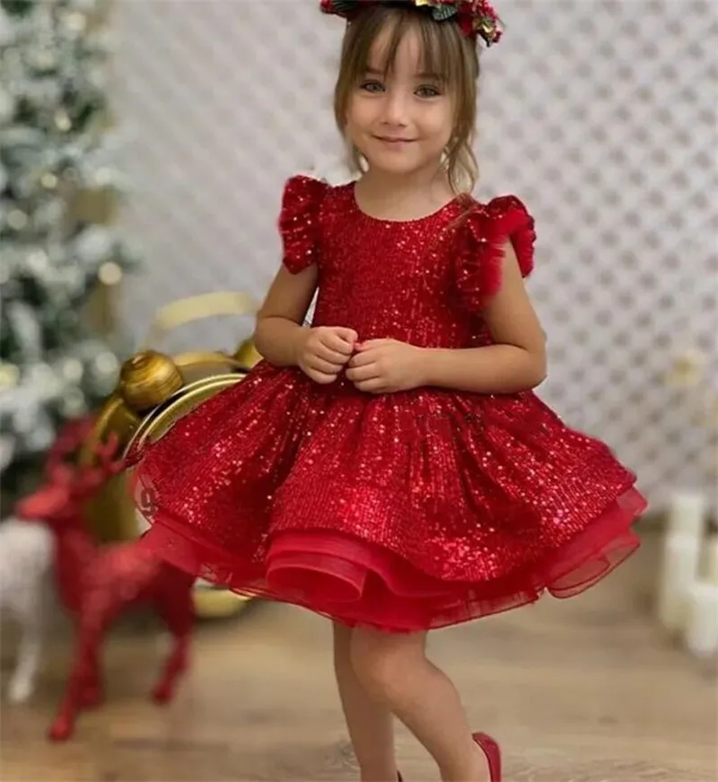 

Red Fluffy Baby Girl Dress with Big Bow Sequined Tutu Infant Birthday Party Gown 12M 18M 24M 4T 8T