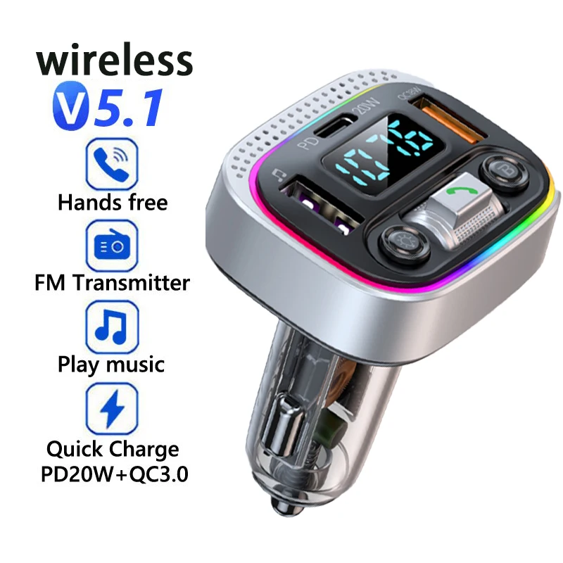 

VVKYKO FM Transmitter Car Fast Charger Type-C & USB PD 20W+ QC3.0 Wireless Radio Supports Hands-Free Call Bluetooth & U-Disk