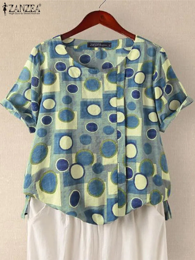 

ZANZEA Dot Printed Pleating Blouses Casual Fashion Shirt O-neck 2023 Summer Tunic Tops Vintage Women Short Sleeve Holiday Blusas