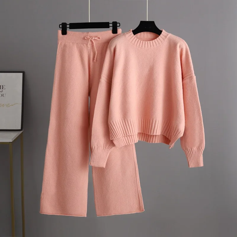 

2023 fall winter Sweater Pullover Two Piece Set suit Solid Color long leeve elegant women female pants Knitwear round neck