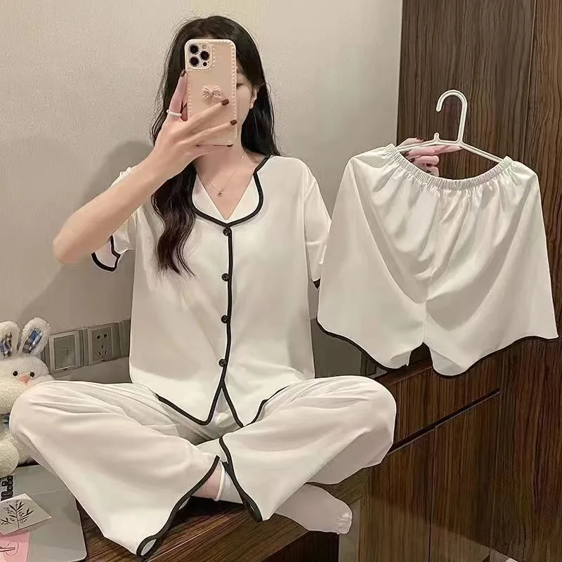 

2024 New Hot Pajamas Women's Summer Milk Silk Three Piece Set Short Sleeved Long Pants Cute and Loose Can Be Outworn Home Fury