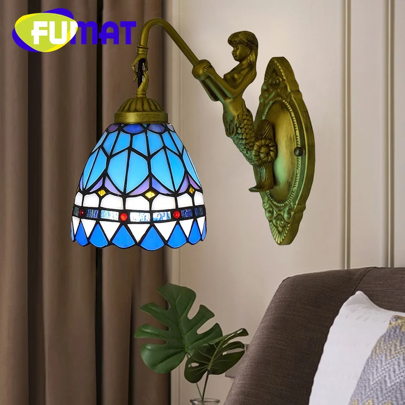 

FUMAT Tiffany style stained glass feather Mediterranean mermaid wall lamp Dining room bedroom aisle balcony LED decor