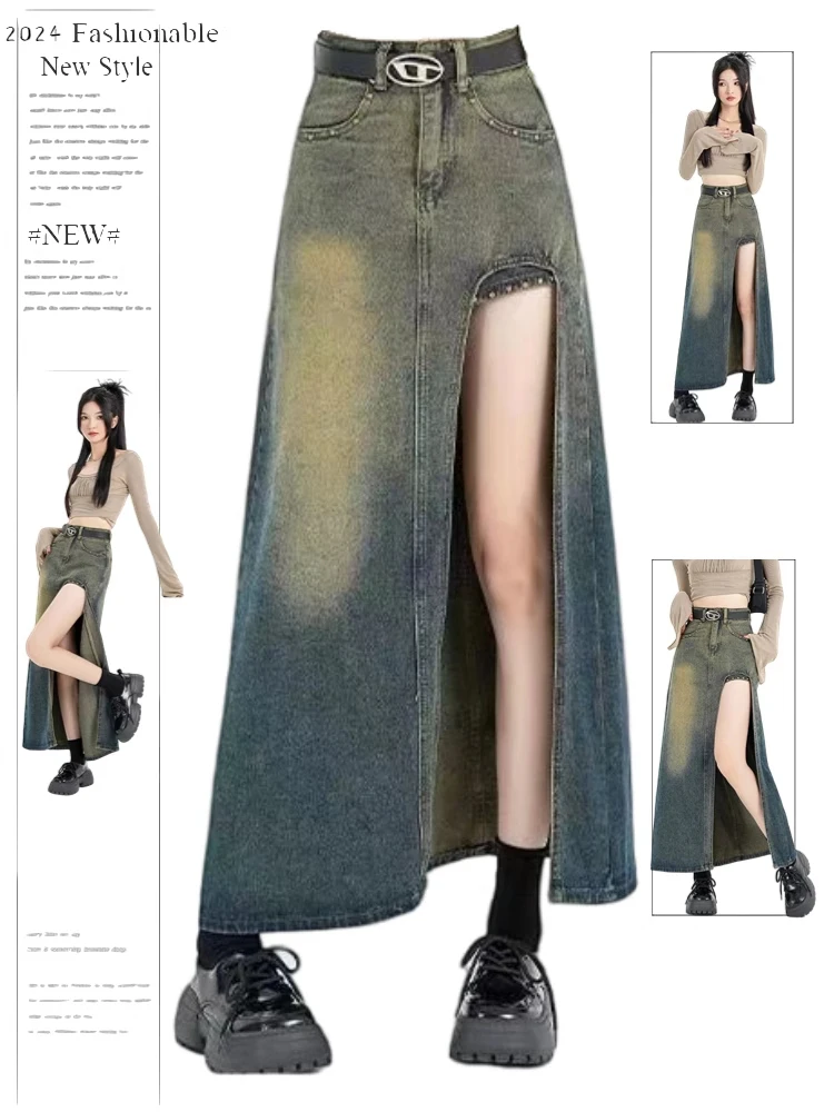 

Women A-Line Denim Skirts with Slit Y2k Harajuku Long Cowboy Skirt Korean Vintage Aesthetic Jean Skirt 2000s Clothes Summer 2024
