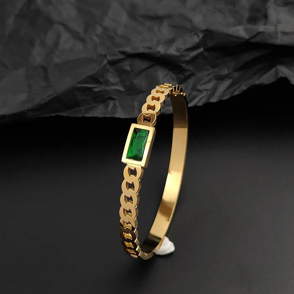 

Women's Bracelet Green Zircon Twisted Texture Bracelets Punk Closed Bangles Stainless Steel Jewelry Women’s Christmas Gifts