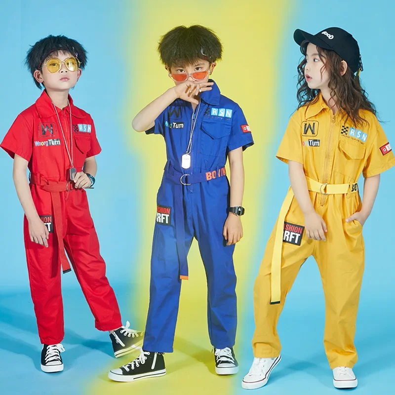 

Kids Cool Short Sleeve Hip Hop Clothing Blue Red Loose Jumpsuit Overalls for Girls Boys Jazz Dance Costumes Dancing Clothes Wear