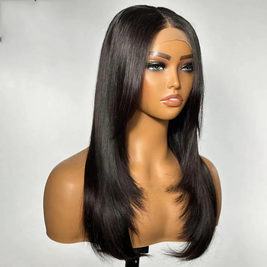 

Free Part Glueless Long Soft Preplucked 26Inch 180% Density Black layered hair Silky Straight 13*4 Lace Front Wig With Baby Hair