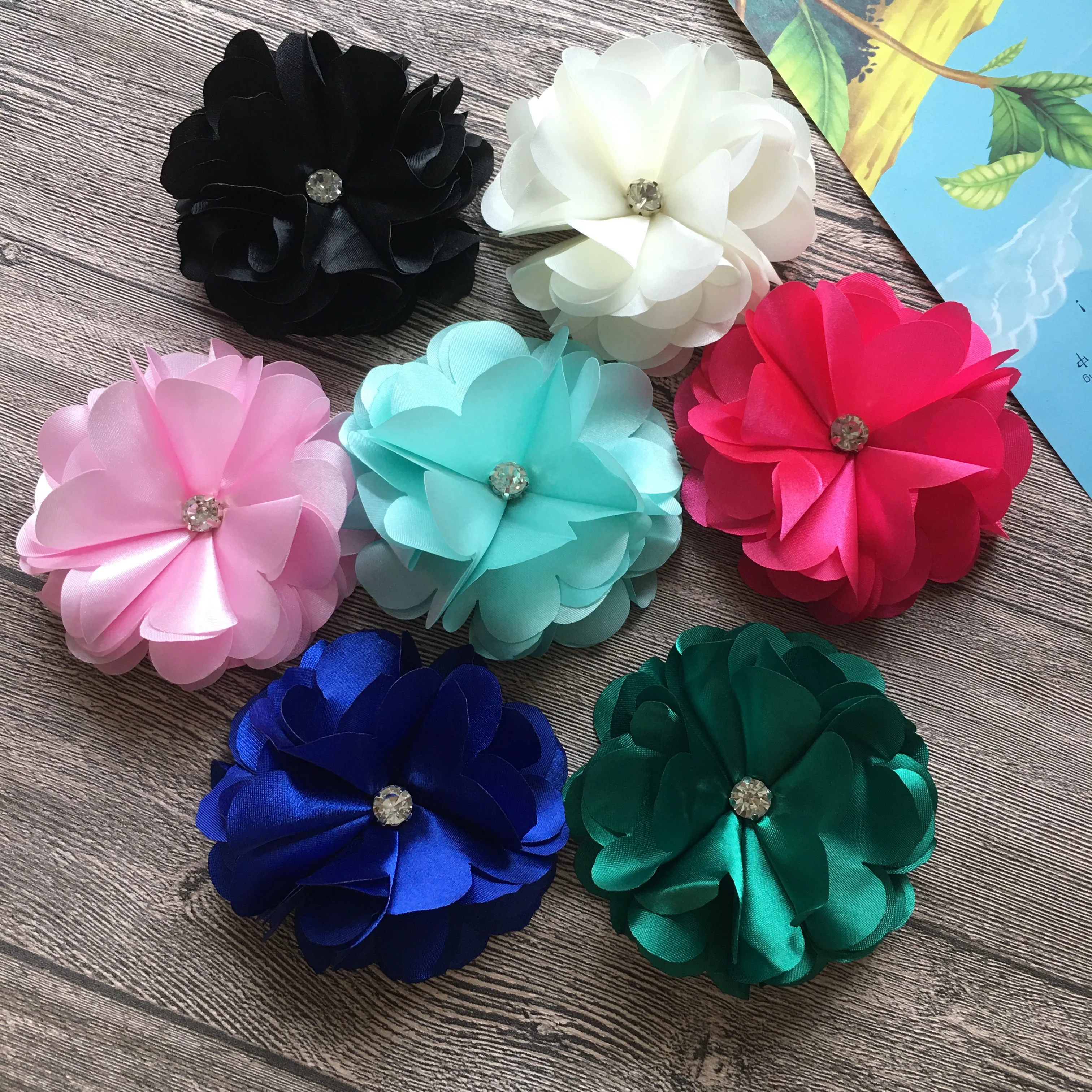 

10Pcs/Lot Flat Back 3.3" Bright Color Satin Flower With Crystal Decorated For Wedding Hats Brooches Home Pets Diy Accessories