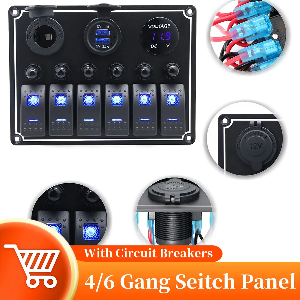 Metal Switch Panel With Protect Circuit Breaker Dual USB Port Blue LED 4/6 Rocker Panel For Truck Camper RV 12/24V
Metal Switch Panel With Protect Circuit Breaker Dual USB Port Blue LED 4/6 Rocker Panel For Truck Camper RV 12/24V