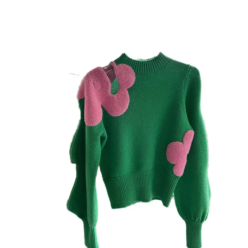 

Женский жаккардовый свитер Hikigawa, повседневные пуловеры контрастных цветов с круглым вырезом и длинным рукавом, милые ажурные Джемперы, топы для женщин