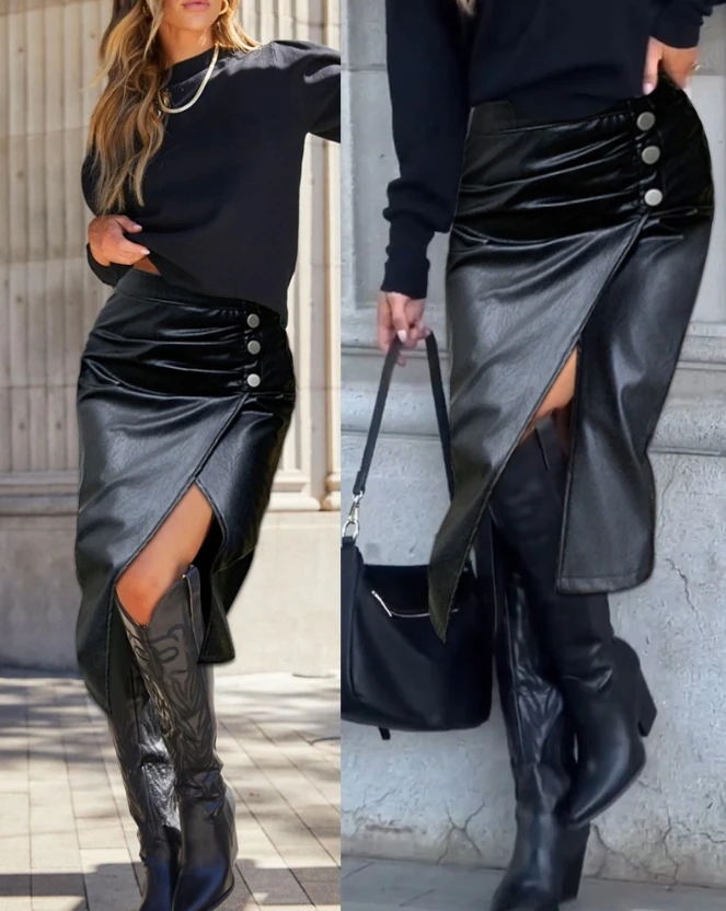 

2023 New Fashion Women's Pu Leather Skirt Elegant Sexy Twisted Slit Asymmetrical Skirt Female Casual Bottom Twisted Slit Skirt