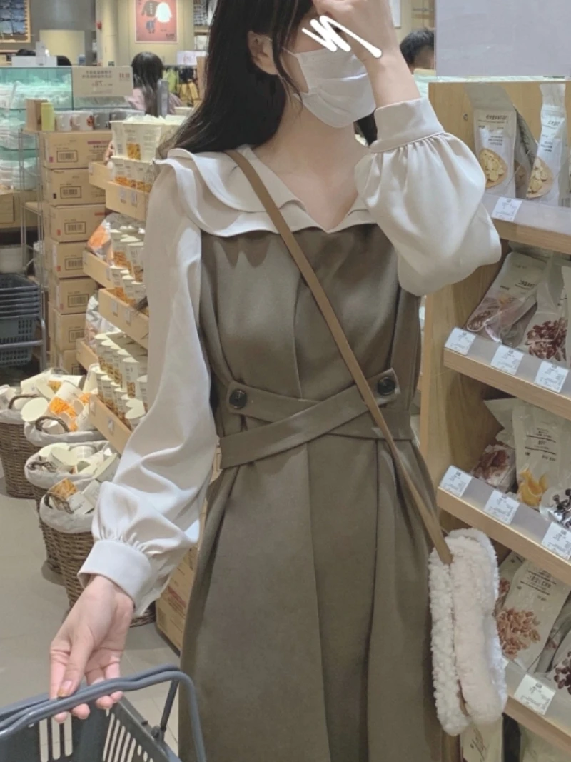 Korean Chic Patchwork Dresses Puff Sleeve Peter Pan Collar Vestidos Corss Slim Waist Robe Fake Two Piece Dresses 2024 Autumn
Korean Chic Patchwork Dresses Puff Sleeve Peter Pan Collar Vestidos Corss Slim Waist Robe Fake Two Piece Dresses 2024 Autumn