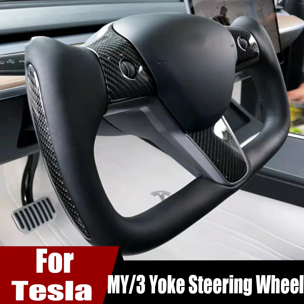 

Yoke Handle 350MM 370MM For Tesla Model Y Model 3 Racing Customized Steering Wheel With Heating Glossy Carbon Fiber 2017-2023