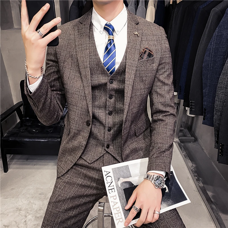 (Jacket+vest+pant)Classic Plaid Slim Business Casual Suits Winter Men Brand Simple Blazer Pants Korean Wedding Groom Party Dress
(Jacket+vest+pant)Classic Plaid Slim Business Casual Suits Winter Men Brand Simple Blazer Pants Korean Wedding Groom Party Dress