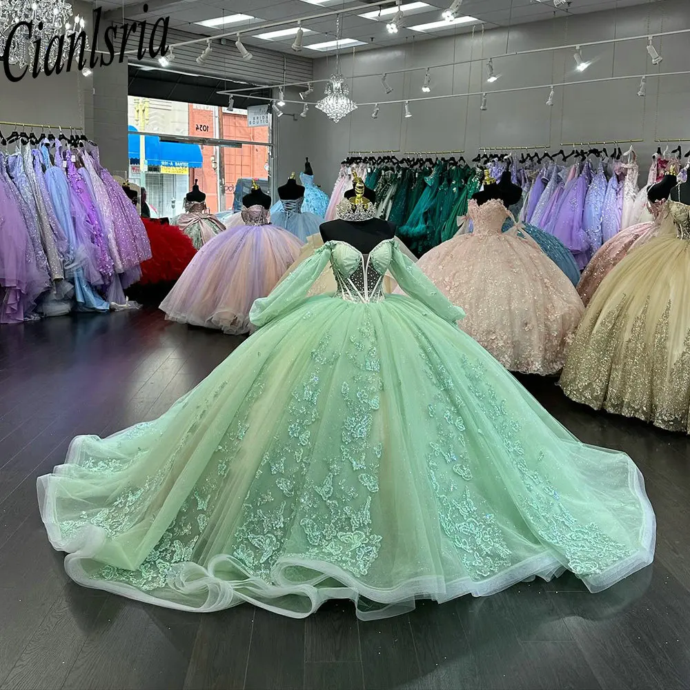 

Sage Green Illusion Beading Crystal Quinceanera Dresses Ball Gown Long Sleeve Sequined Butterfly Sweet 15 Vestidos De XV Años