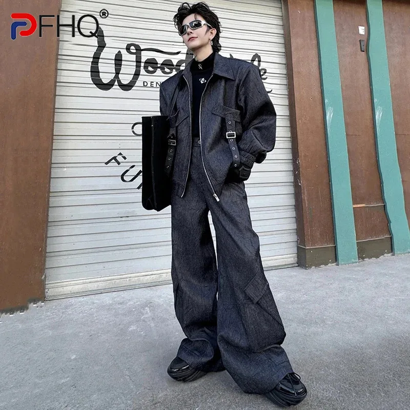 

PFHQ Multi-pockets Men's Jackets Set Trendy Lapel Ribbon Motorcycle Chic Solid Color Handsome Wide Leg Pants Spring New 9C4240