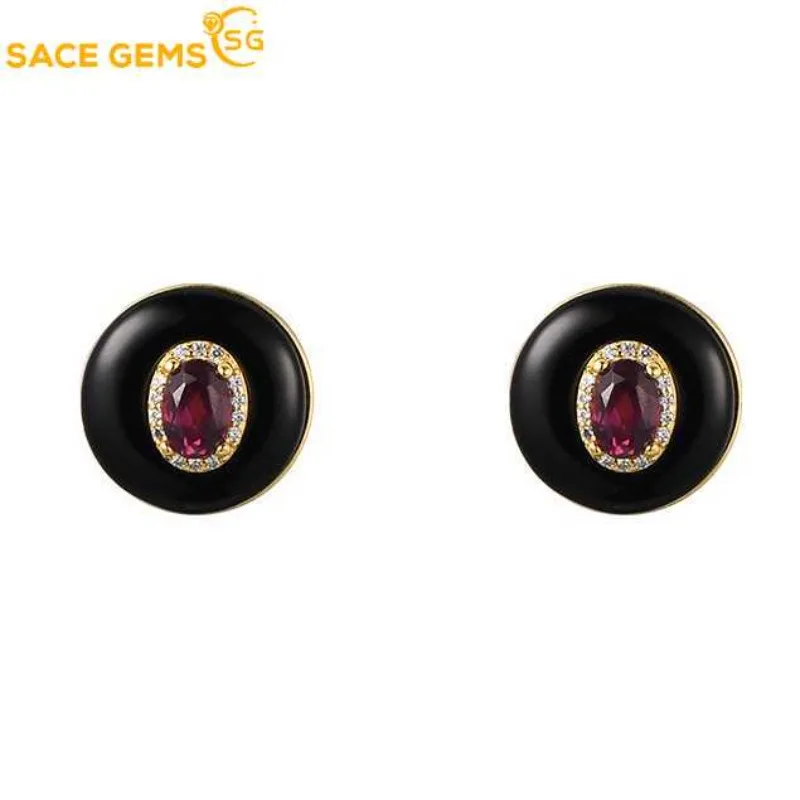

SACE GEMS Fashion Jewelry Earrings for Women 925 Sterling Silver Natural Garnet Agate Stud Earrings Wedding Party Fine Jewelry